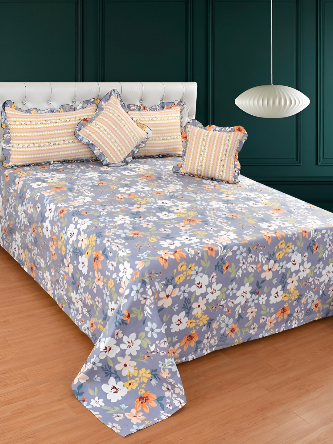 

BREVARD Grey Yellow Floral Superfine Double King Bedding Set