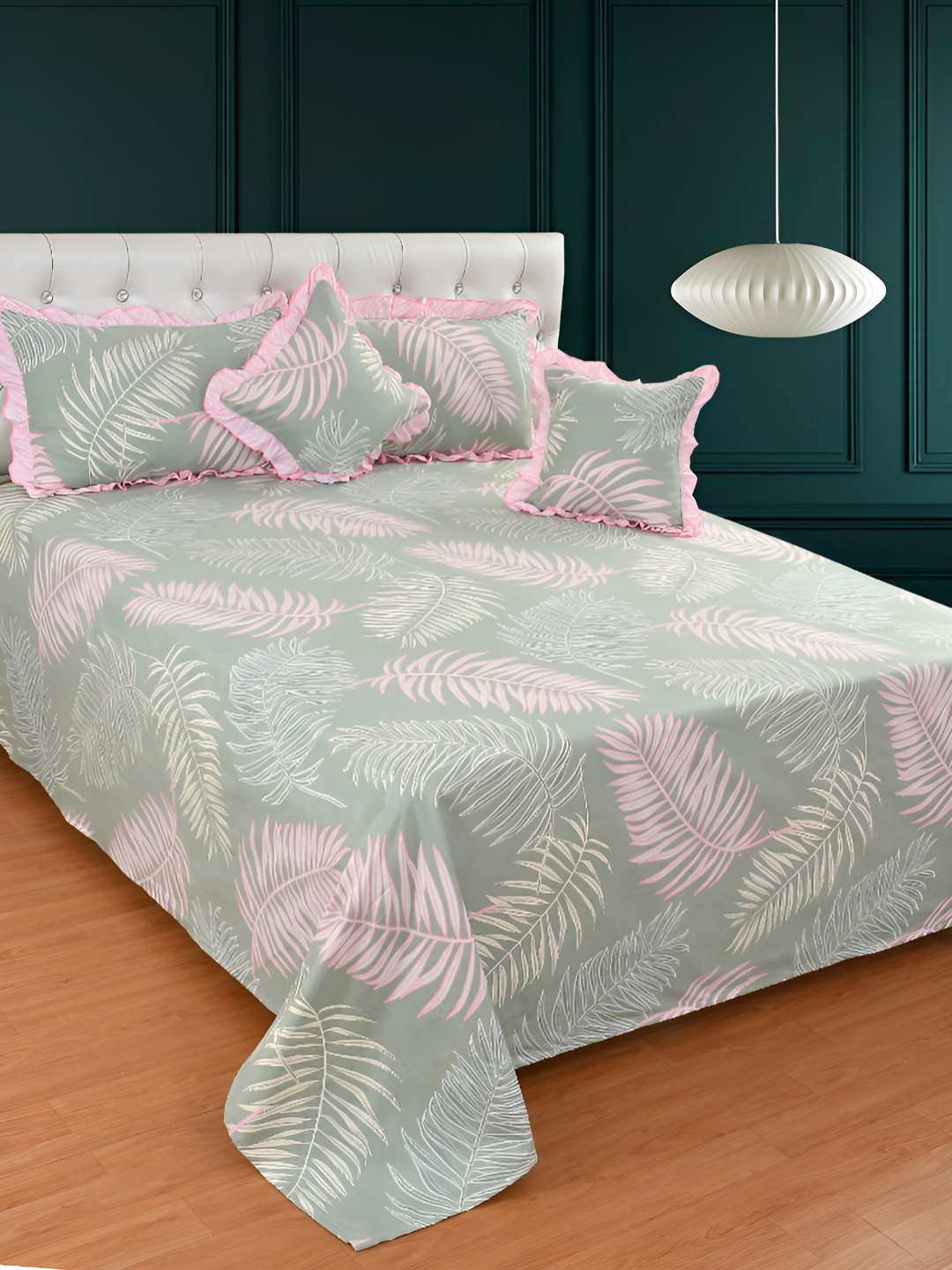 

BREVARD Green Pink Tropical Printed Superfine Double Queen Bedding Set