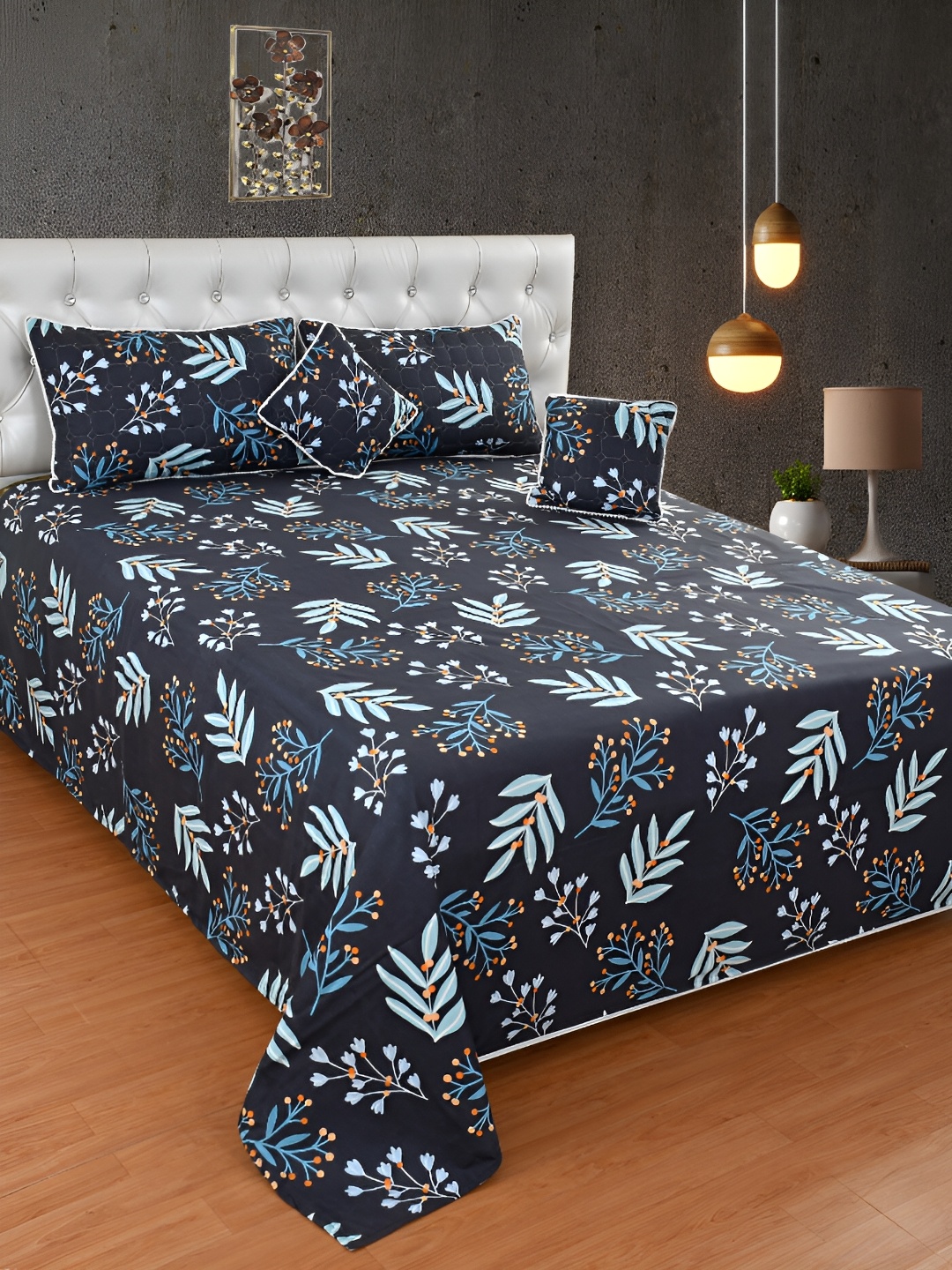 

BREVARD Blue White Floral Superfine Double Queen Bedding Set