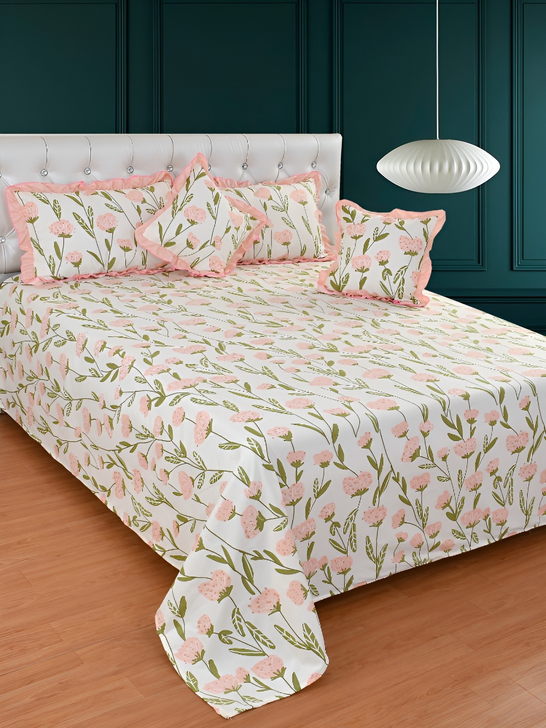 

BREVARD Off White Pink Floral Superfine Double Queen Bedding Set