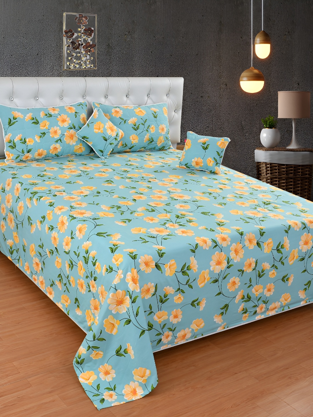 

BREVARD Green Yellow Floral Superfine Double Queen Bedding Set
