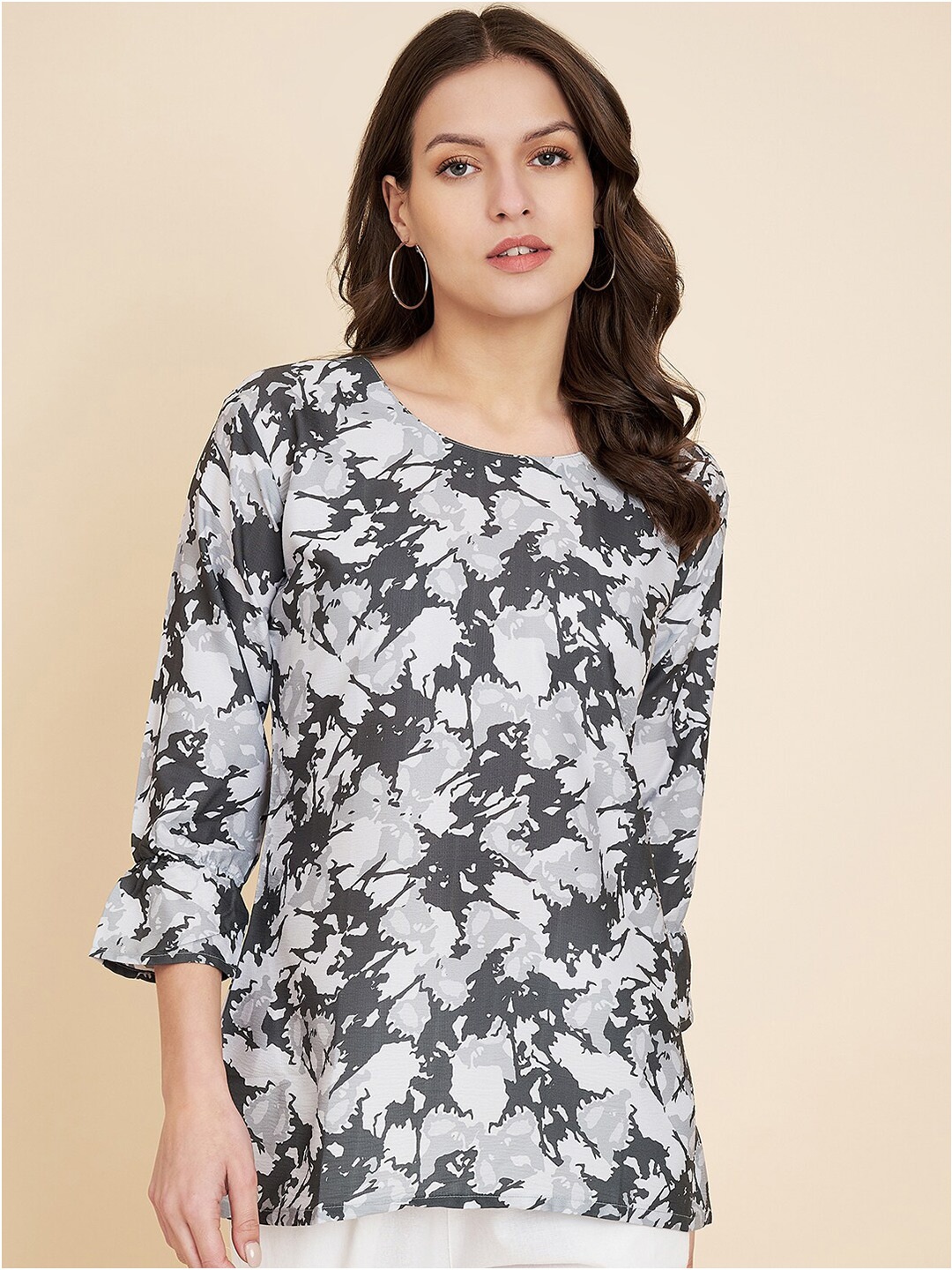 

HERE&NOW Abstract Printed Bell Sleeves Satin Top, Grey