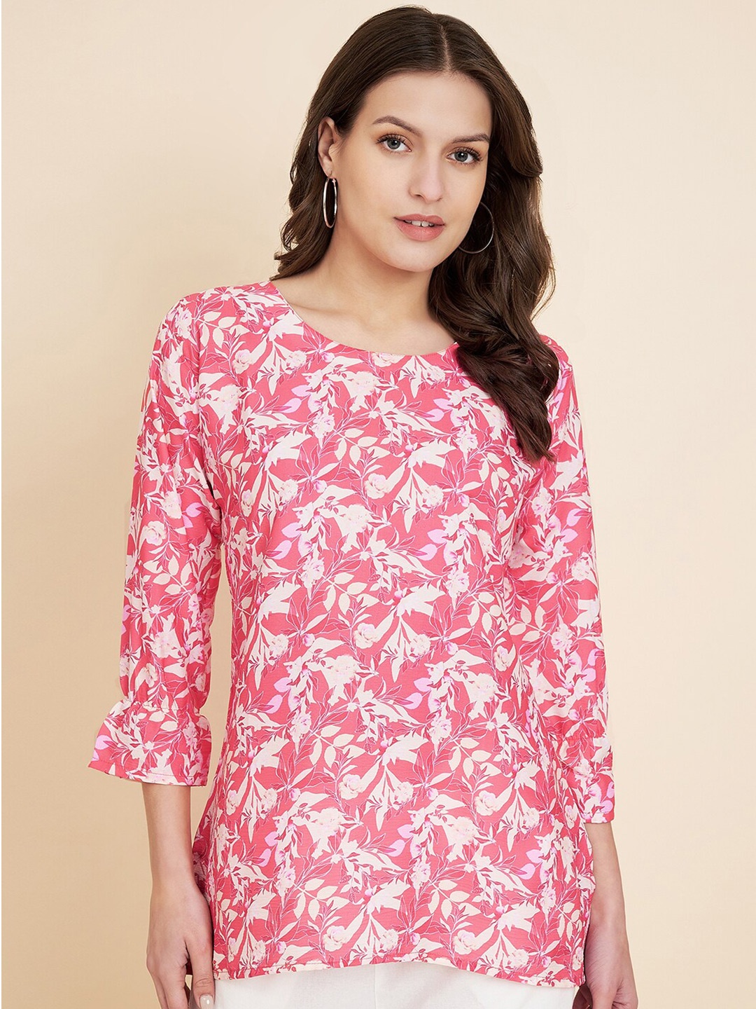 

HERE&NOW Floral Printed Bell Sleeve Satin Top, Pink