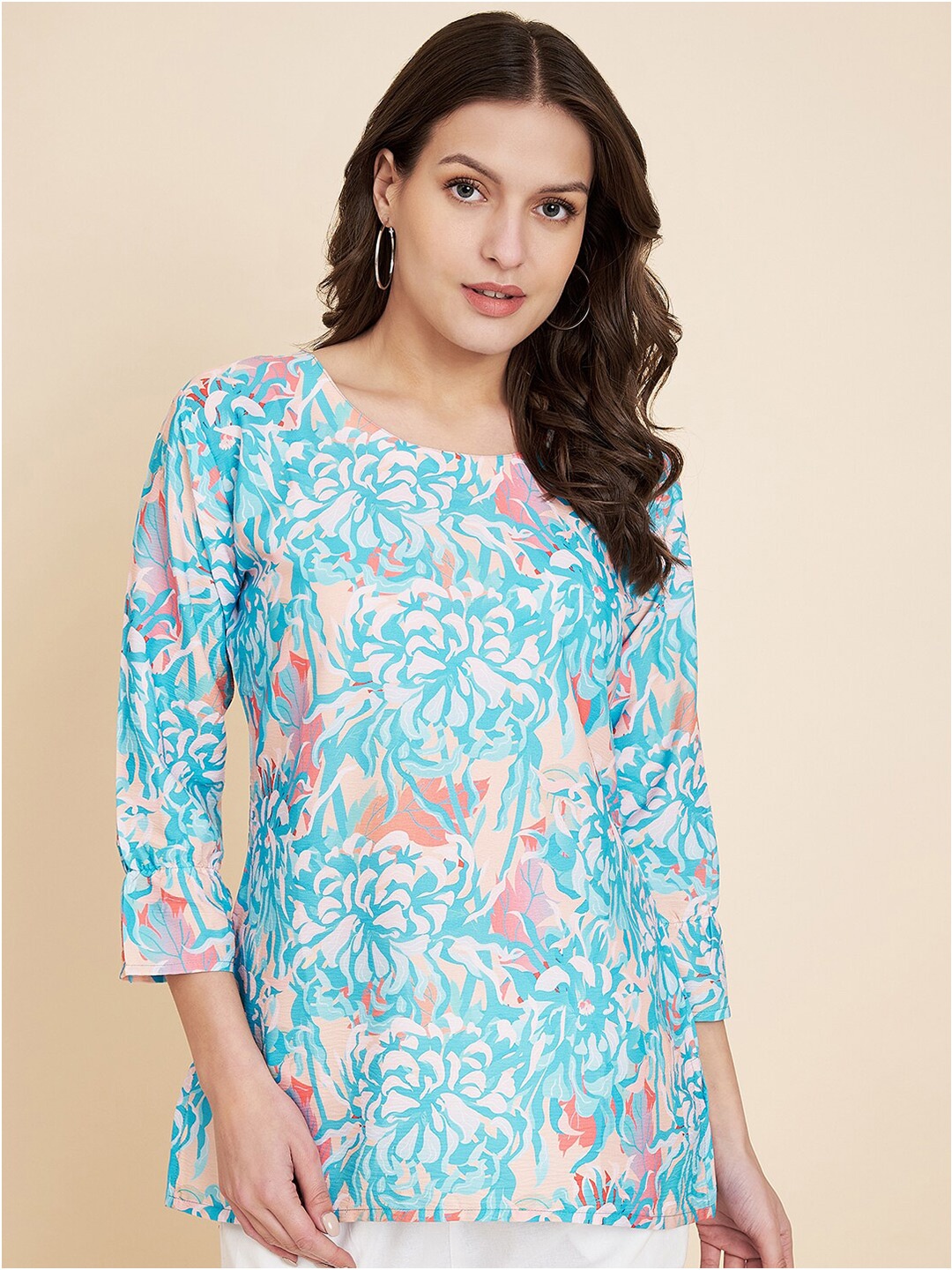 

HERE&NOW Floral Printed Satin Crepe Longline Top, Blue