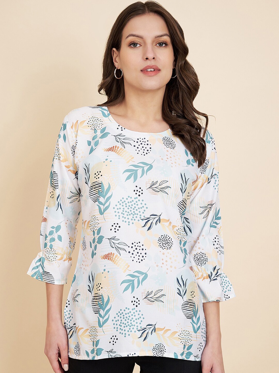 

HERE&NOW Floral Printed Bell Sleeve Satin Top, White