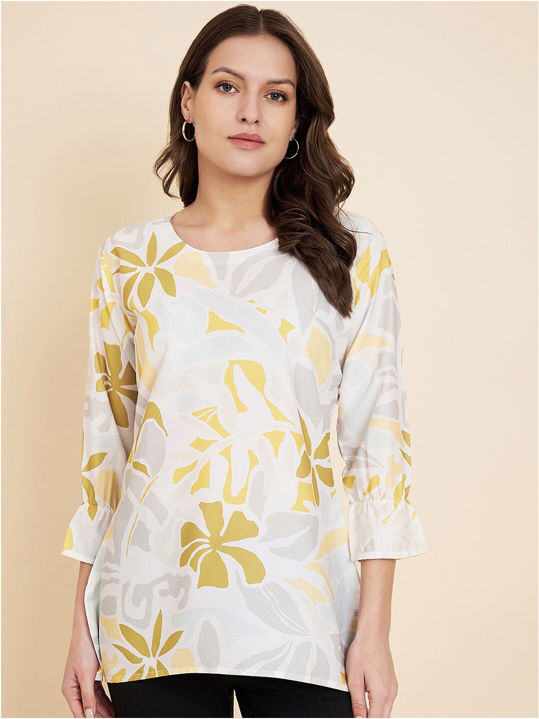 

HERE&NOW Floral Printed Bell Sleeve Satin Top, Mustard