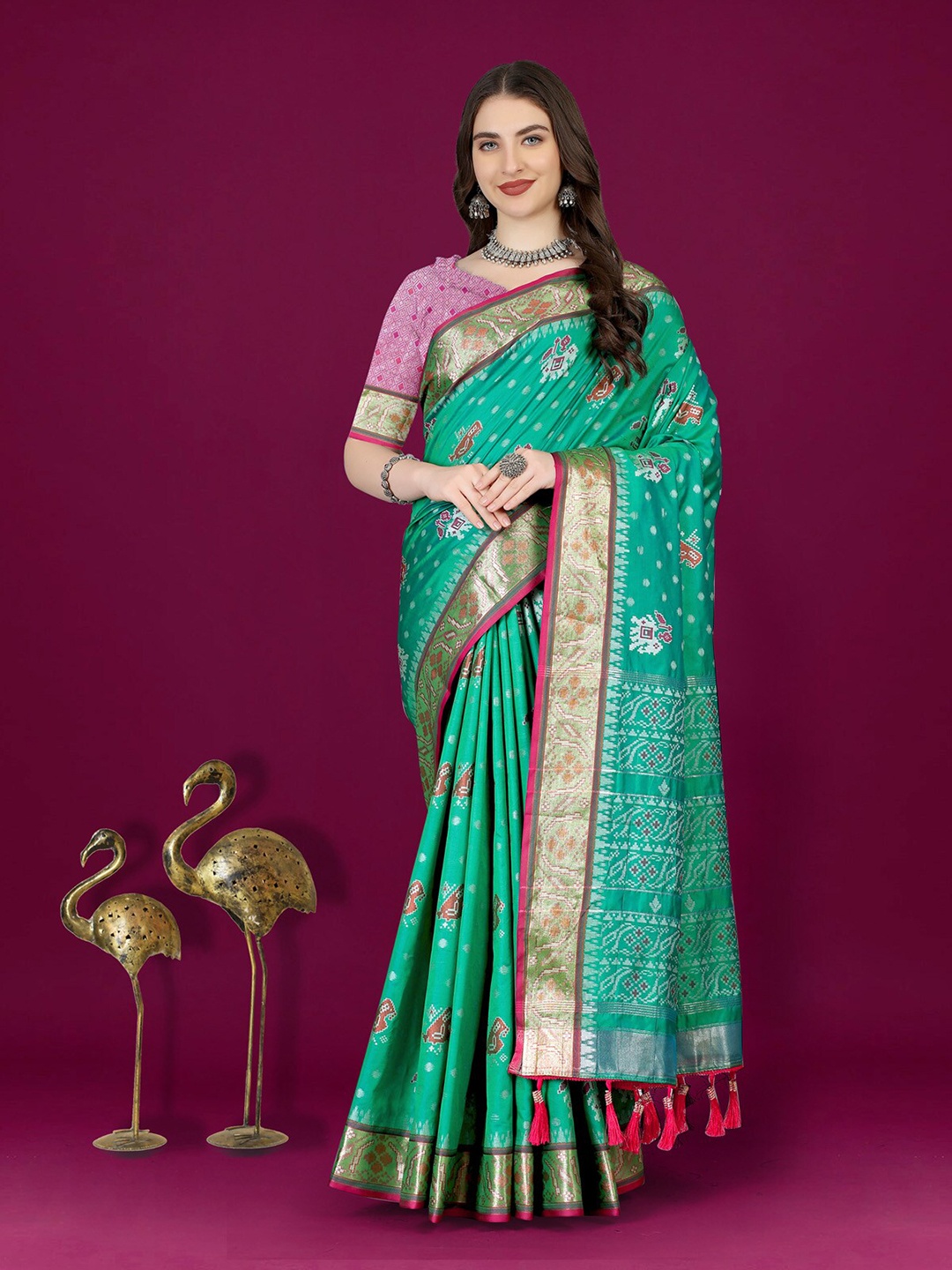 

OFLINE SELECTION Ethnic Motifs Woven Design Zari Patola Saree, Teal