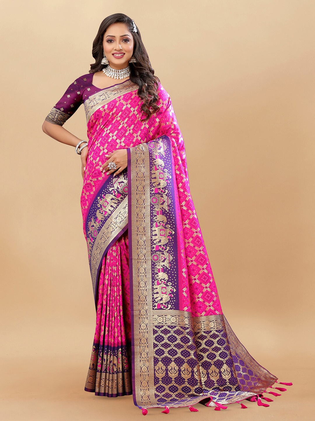 

OFLINE SELECTION Ethnic Motifs Woven Design Zari Patola Saree, Pink