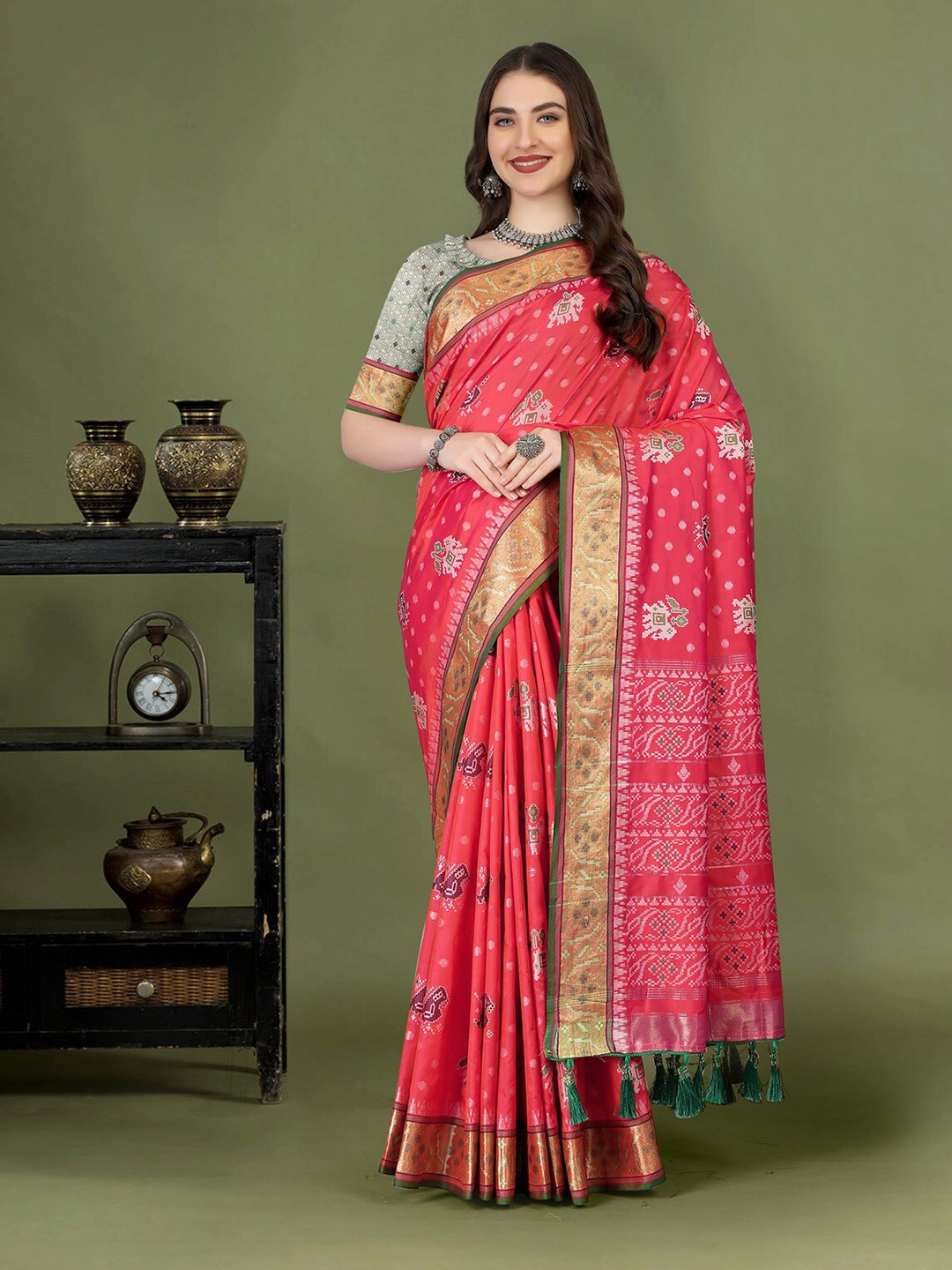 

OFLINE SELECTION Ethnic Motifs Woven Design Zari Patola Saree, Red