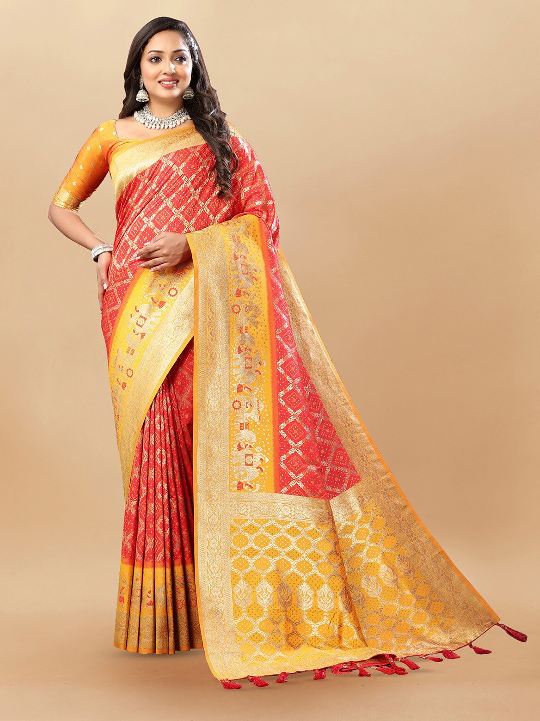 

OFLINE SELECTION Ethnic Motifs Woven Design Zari Patola Saree, Red