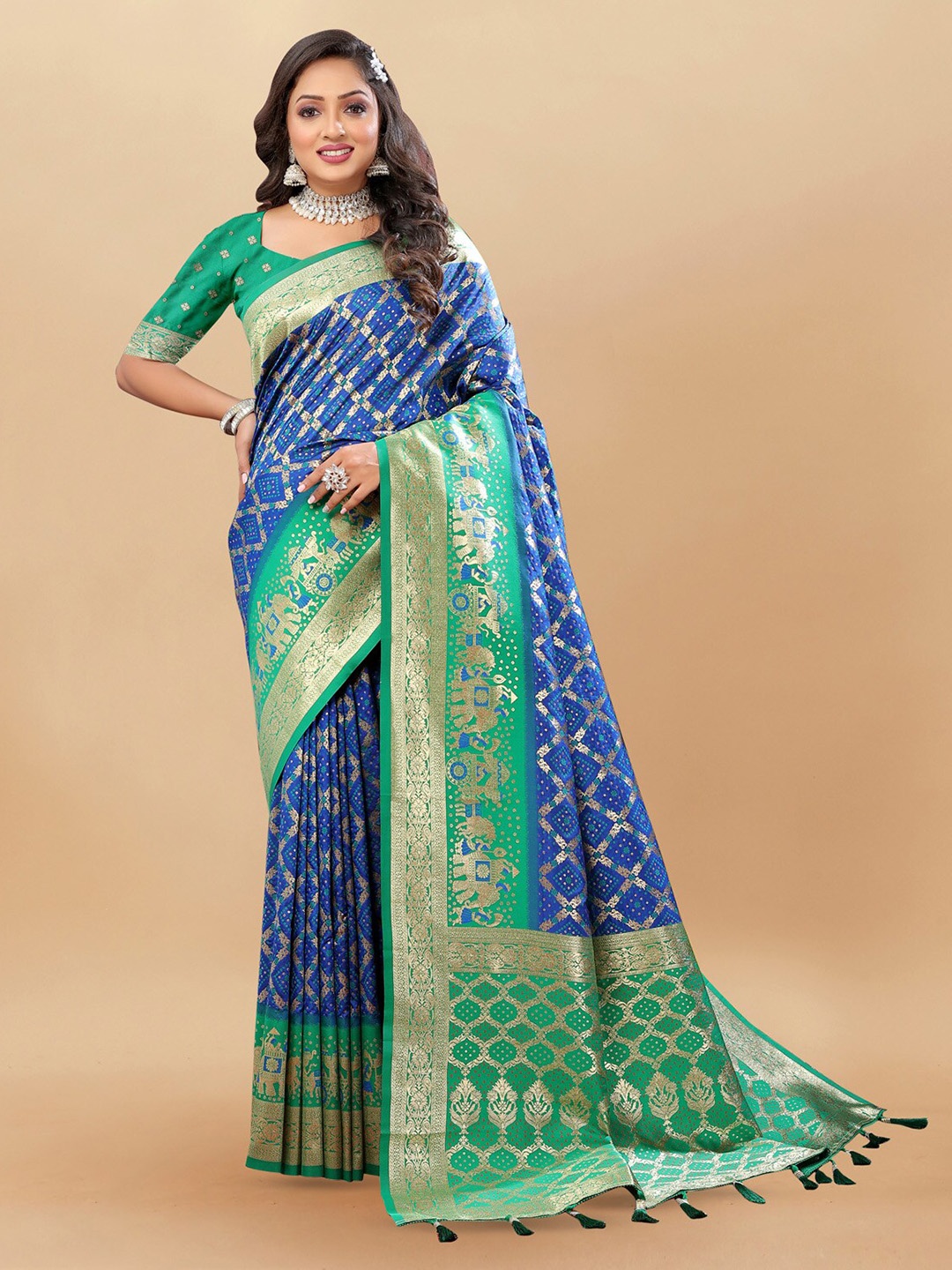 

OFLINE SELECTION Ethnic Motifs Woven Design Zari Patola Saree, Blue