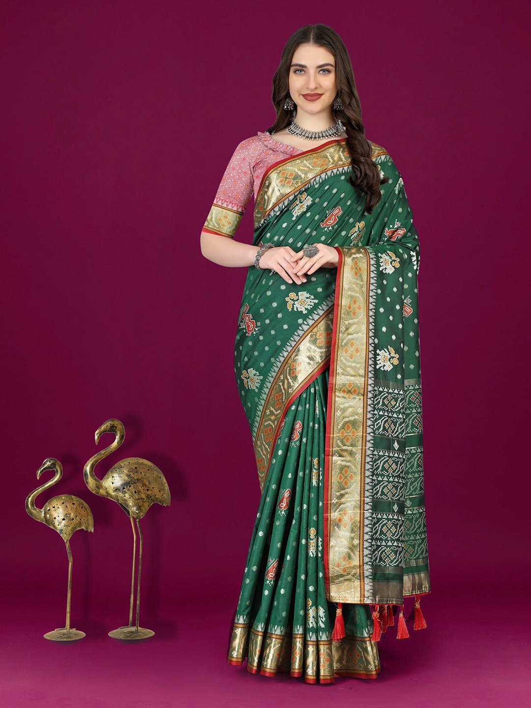 

OFLINE SELECTION Ethnic Motifs Woven Design Zari Patola Saree, Green
