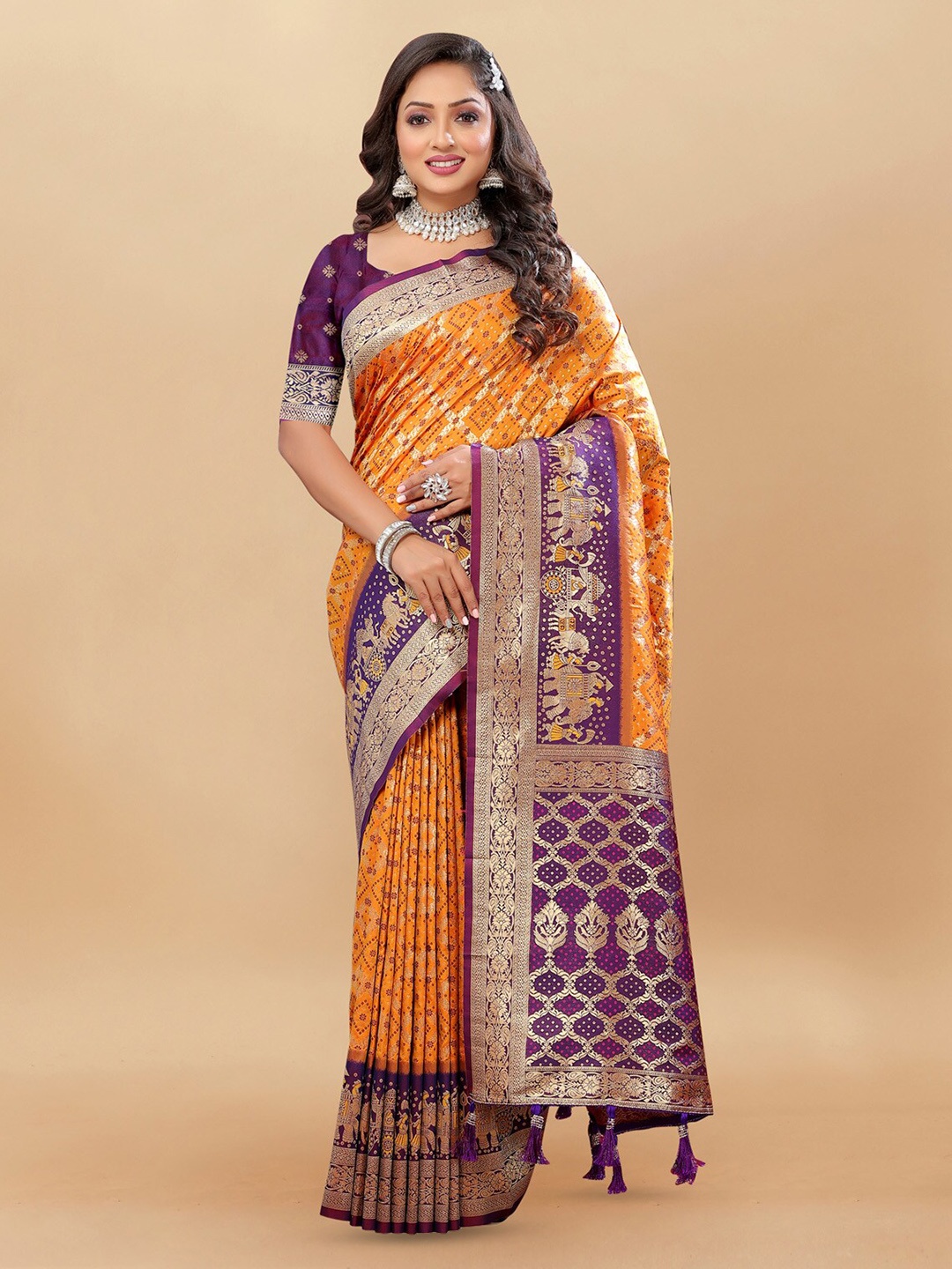 

OFLINE SELECTION Ethnic Motifs Woven Design Zari Patola Saree, Mustard