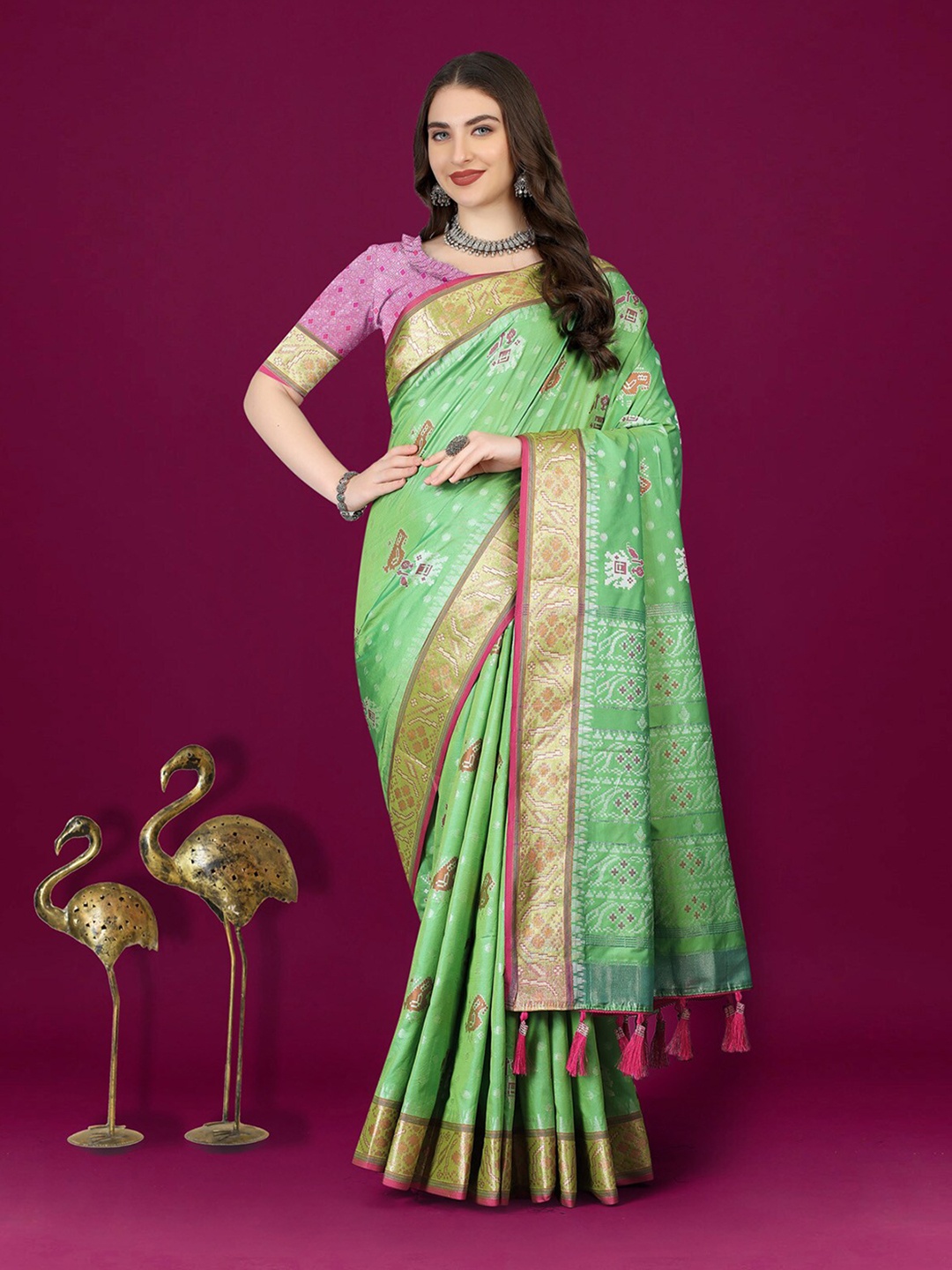 

OFLINE SELECTION Ethnic Motifs Woven Design Zari Patola Saree, Sea green