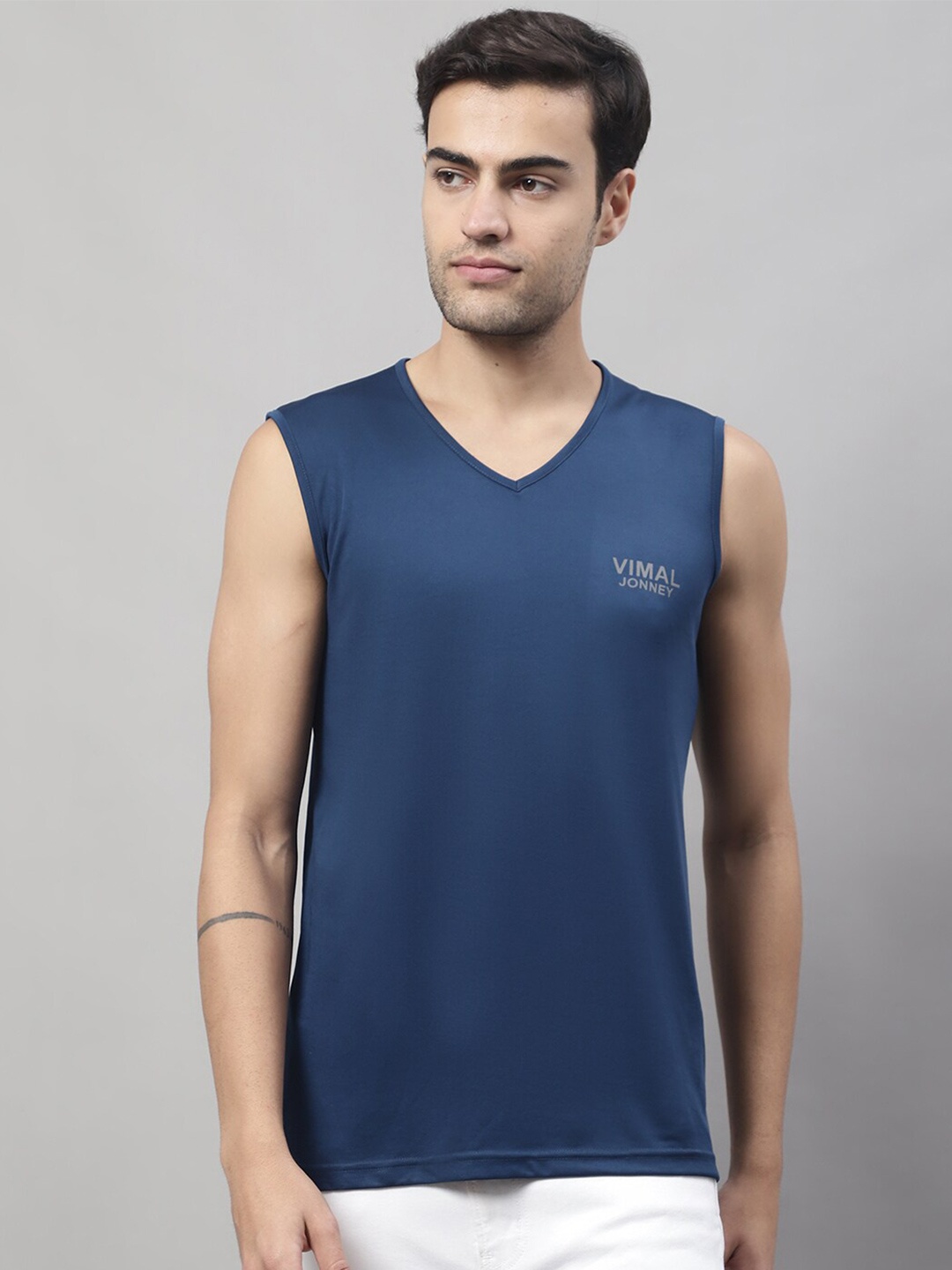 

VIMAL JONNEY V-Neck Cotton Dryfit Inner Gym Vest, Blue