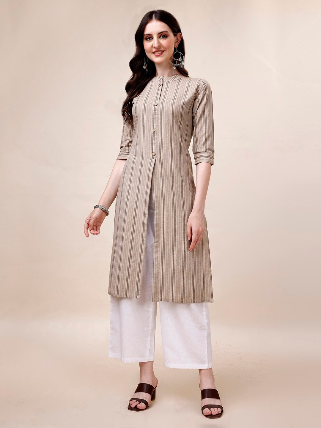 

CANIZZARO Striped Printed Mandarin Collar Pure Cotton Straight Kurta with Palazzos, Brown
