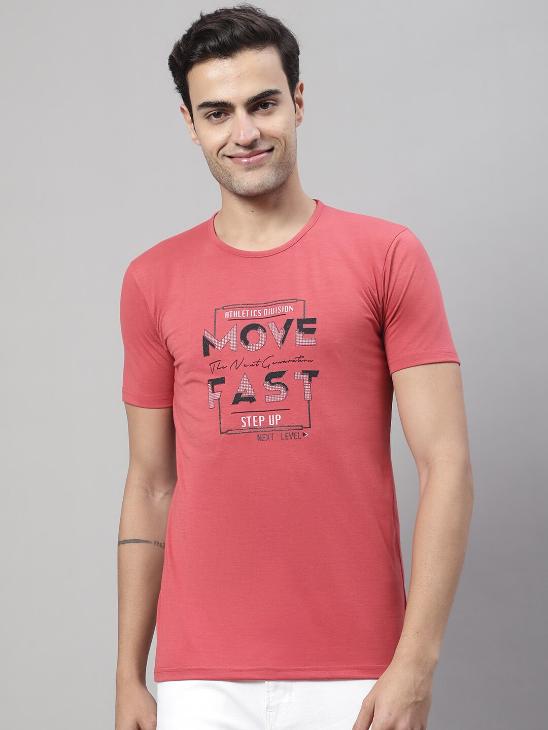 MACK JONNEY Typography Printed Round Neck Cotton T-shirt, Red