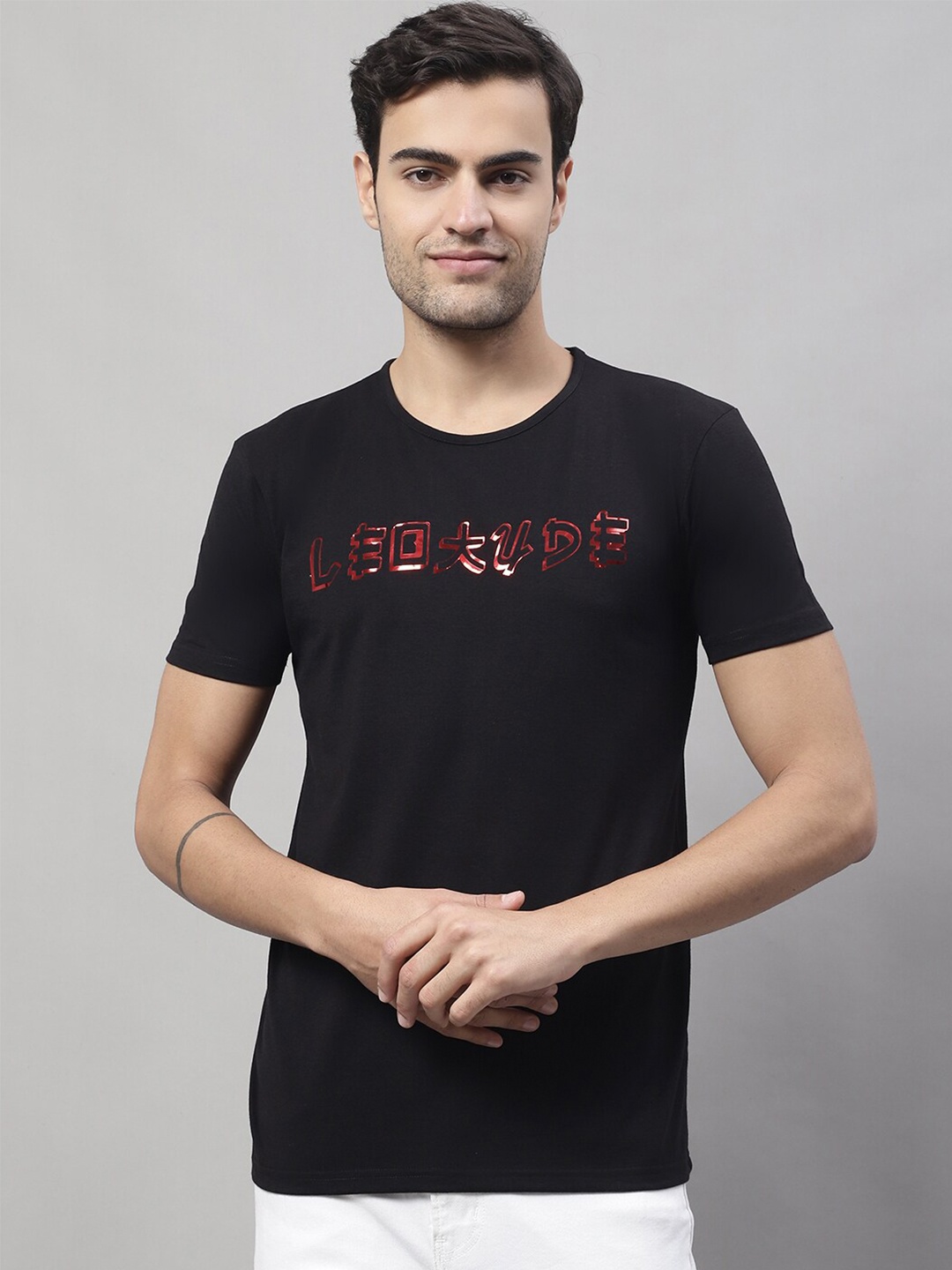 

MACK JONNEY Typography Printed Round Neck Cotton T-shirt, Black