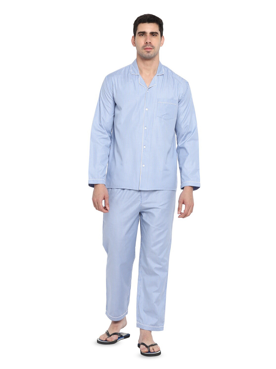 shopbloom Striped Lapel Collar Pure Cotton Shirt With Pyjamas, Blue