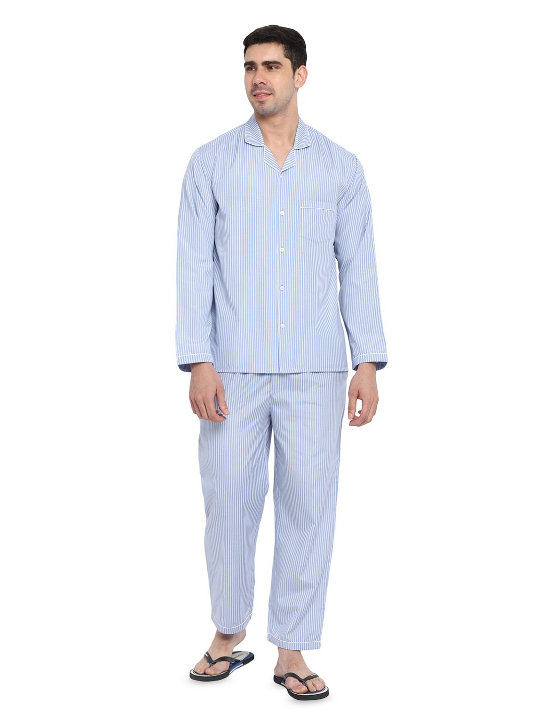 

shopbloom Striped Lapel Collar Pure Cotton Shirt With Pyjamas, Blue