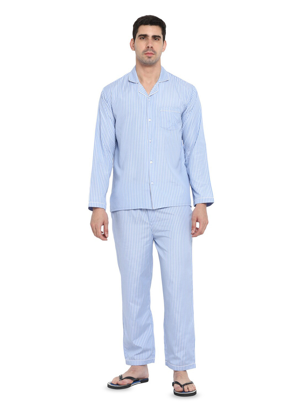 

shopbloom Striped Lapel Collar Pure Cotton Shirt With Pyjamas, Blue