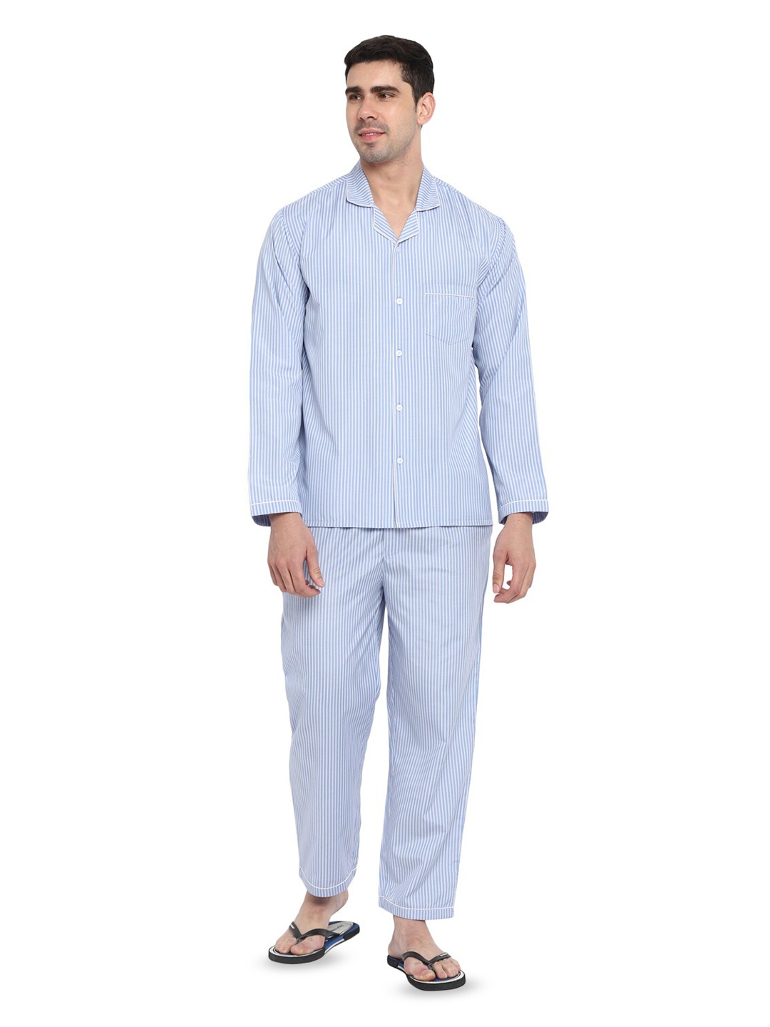 

shopbloom Striped Lapel Collar Pure Cotton Shirt With Pyjamas, Blue