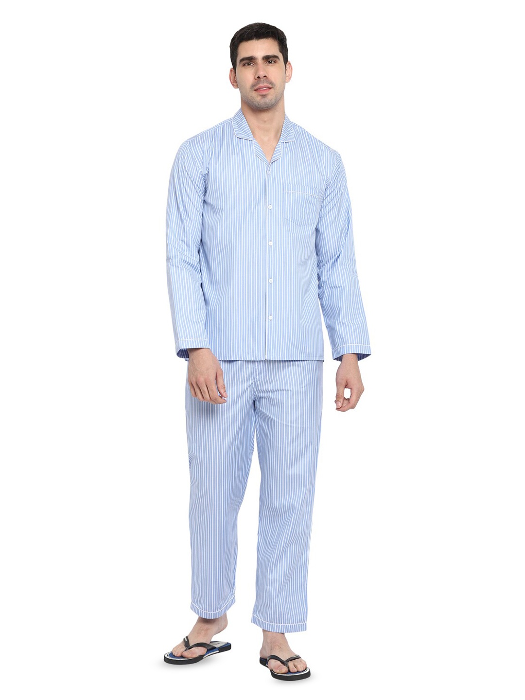 

shopbloom Striped Lapel Collar Pure Cotton Shirt With Pyjamas, Blue