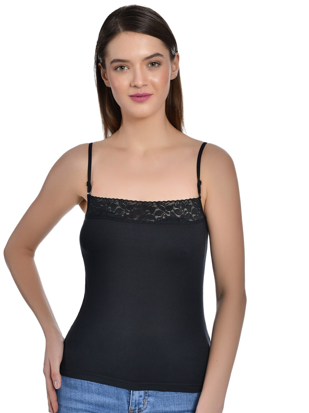 

Aimly Non Padded Cotton Adjustable Strap Lace Camisole, Black