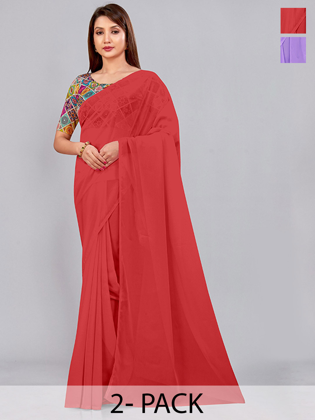 

CastilloFab Selection of 2 Pure Georgette Saree, Red