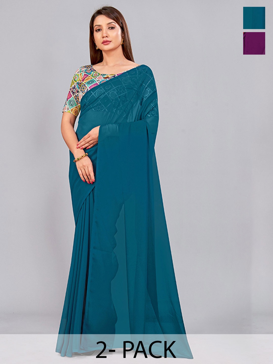 

CastilloFab Selection of 2 Pure Georgette Sarees, Teal