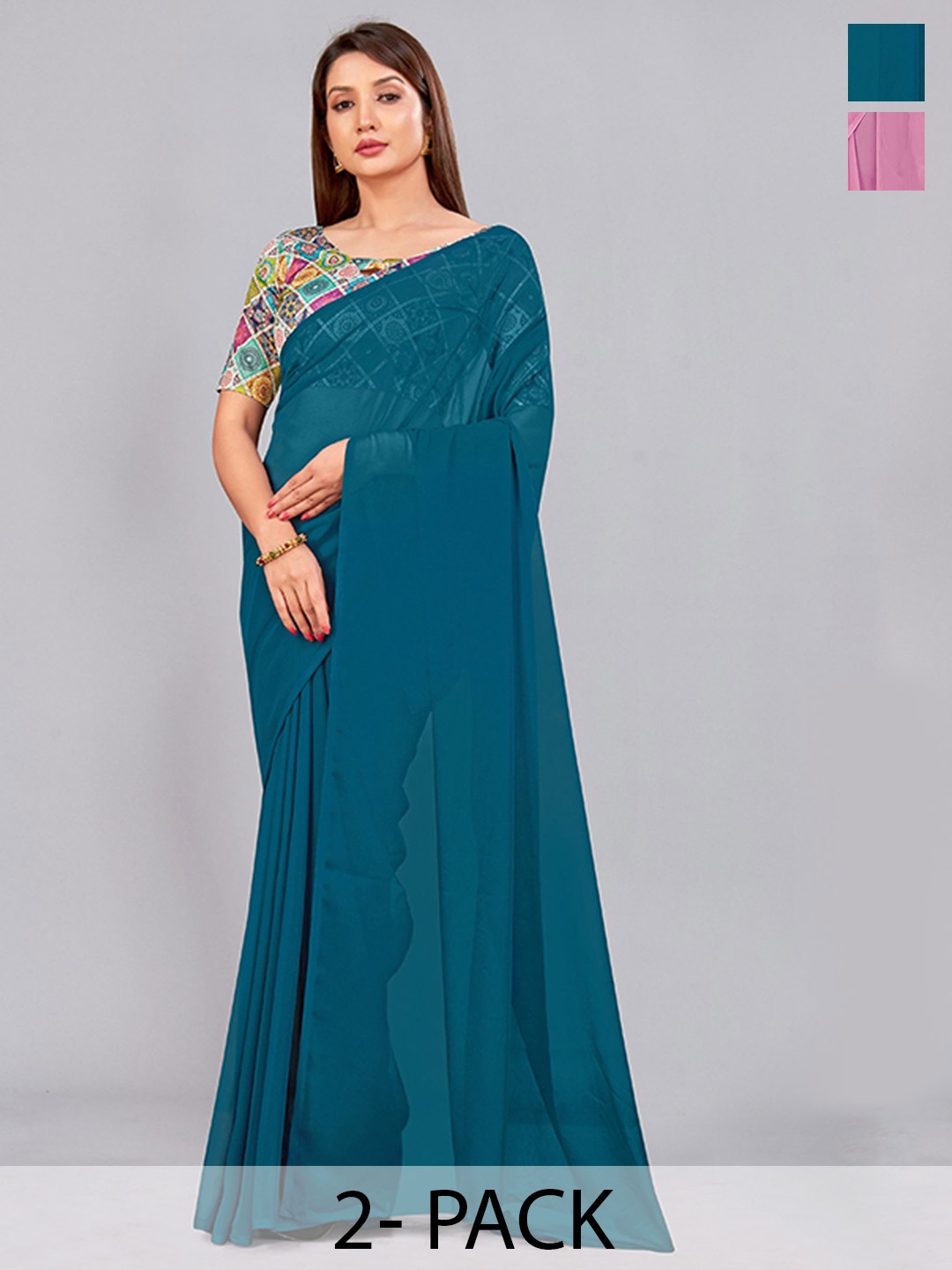 

CastilloFab Selection of 2 Pure Georgette Saree, Teal
