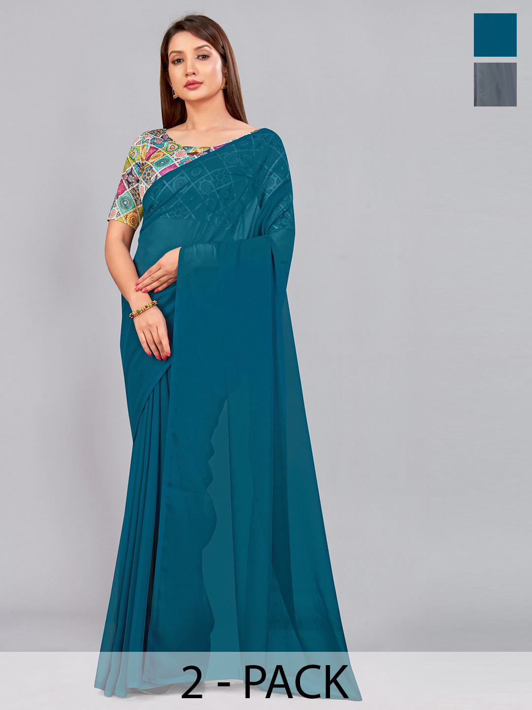 

CastilloFab Selection of 2 Pure Georgette Sarees, Teal