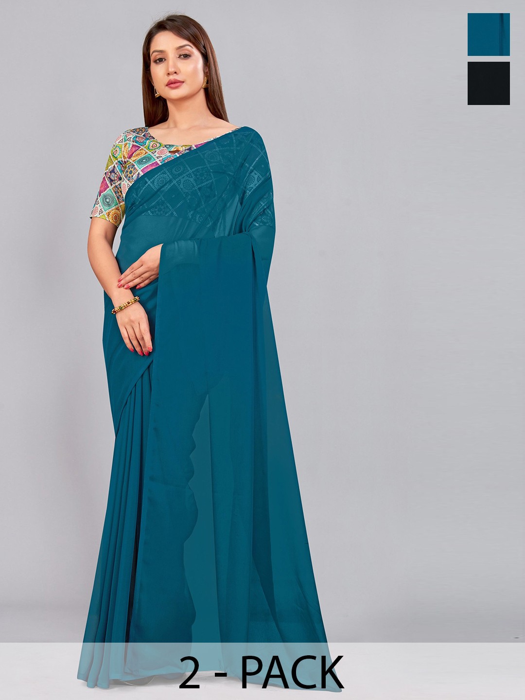 

CastilloFab Selection of 2 Pure Georgette Saree, Teal