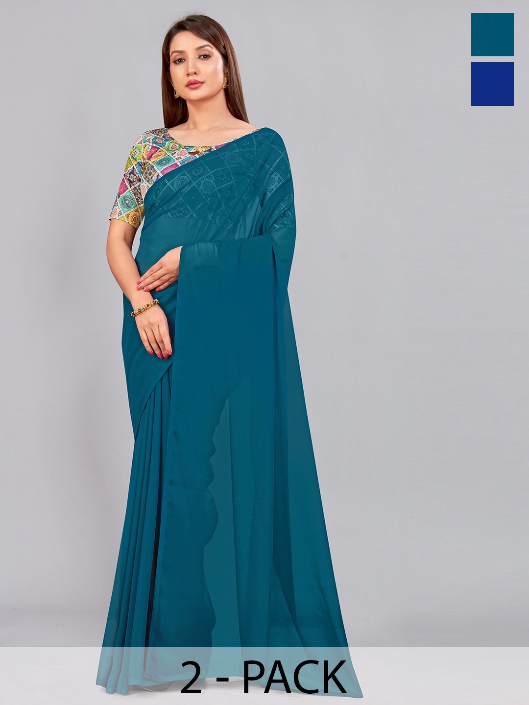 

CastilloFab Selection Of 2 Pure Georgette Saree, Teal