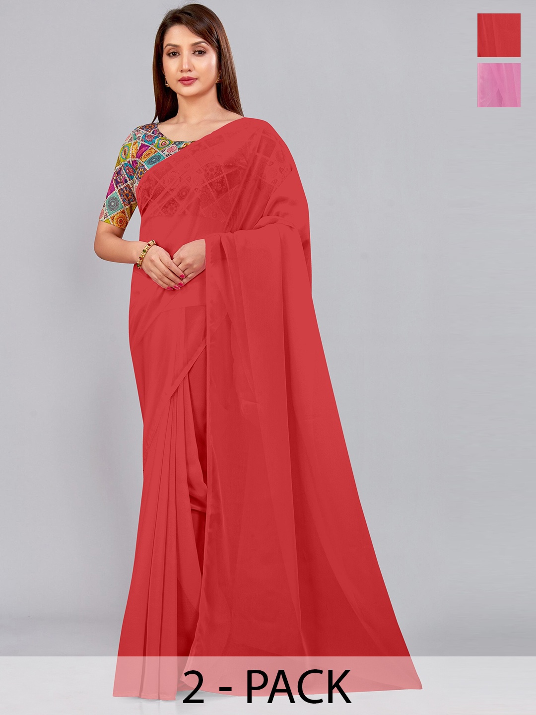 

CastilloFab Selection of 2 Pure Georgette Saree, Red