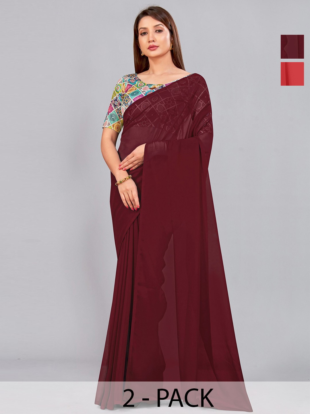 

CastilloFab Selection of 2 Pure Georgette Saree, Red