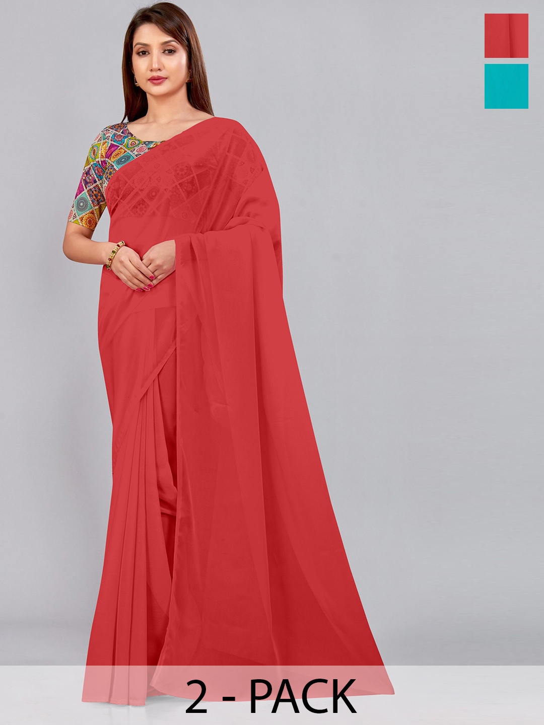 

CastilloFab Selection Of 2 Pure Georgette Saree, Red