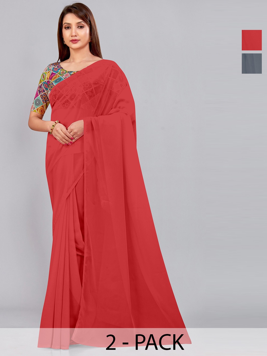 

CastilloFab Selection Of 2 Pure Georgette Saree, Red