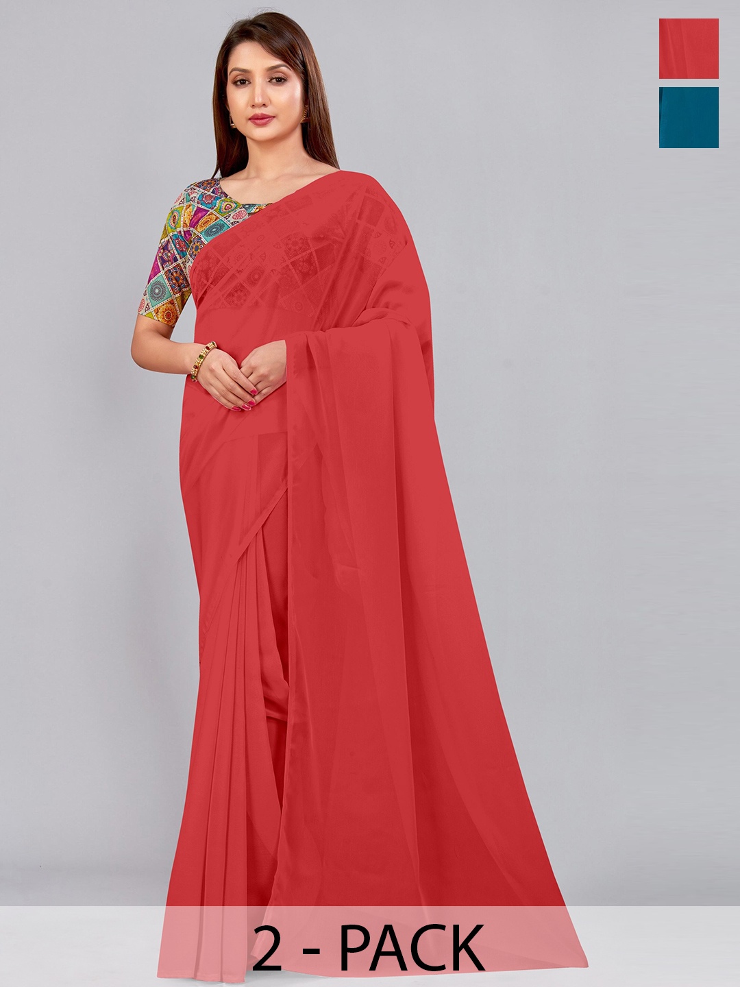 

CastilloFab Selection of 2 Pure Georgette Saree, Red