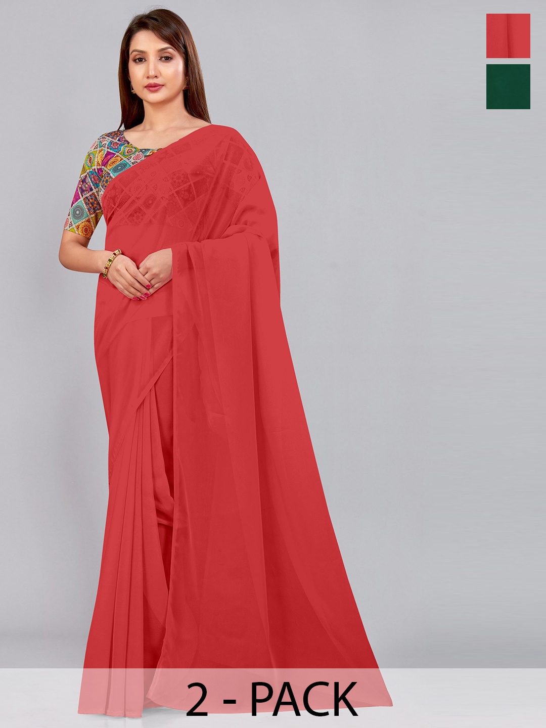 

CastilloFab Selection of 2 Pure Georgette Sarees, Red