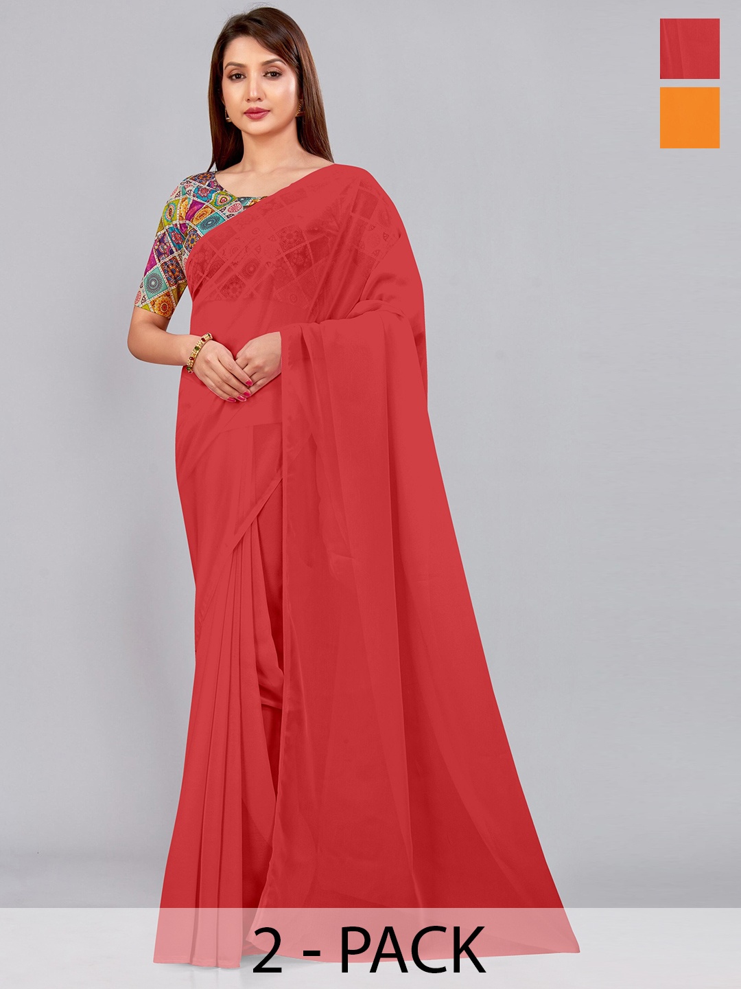 

CastilloFab Selection Of 2 Pure Georgette Saree, Red