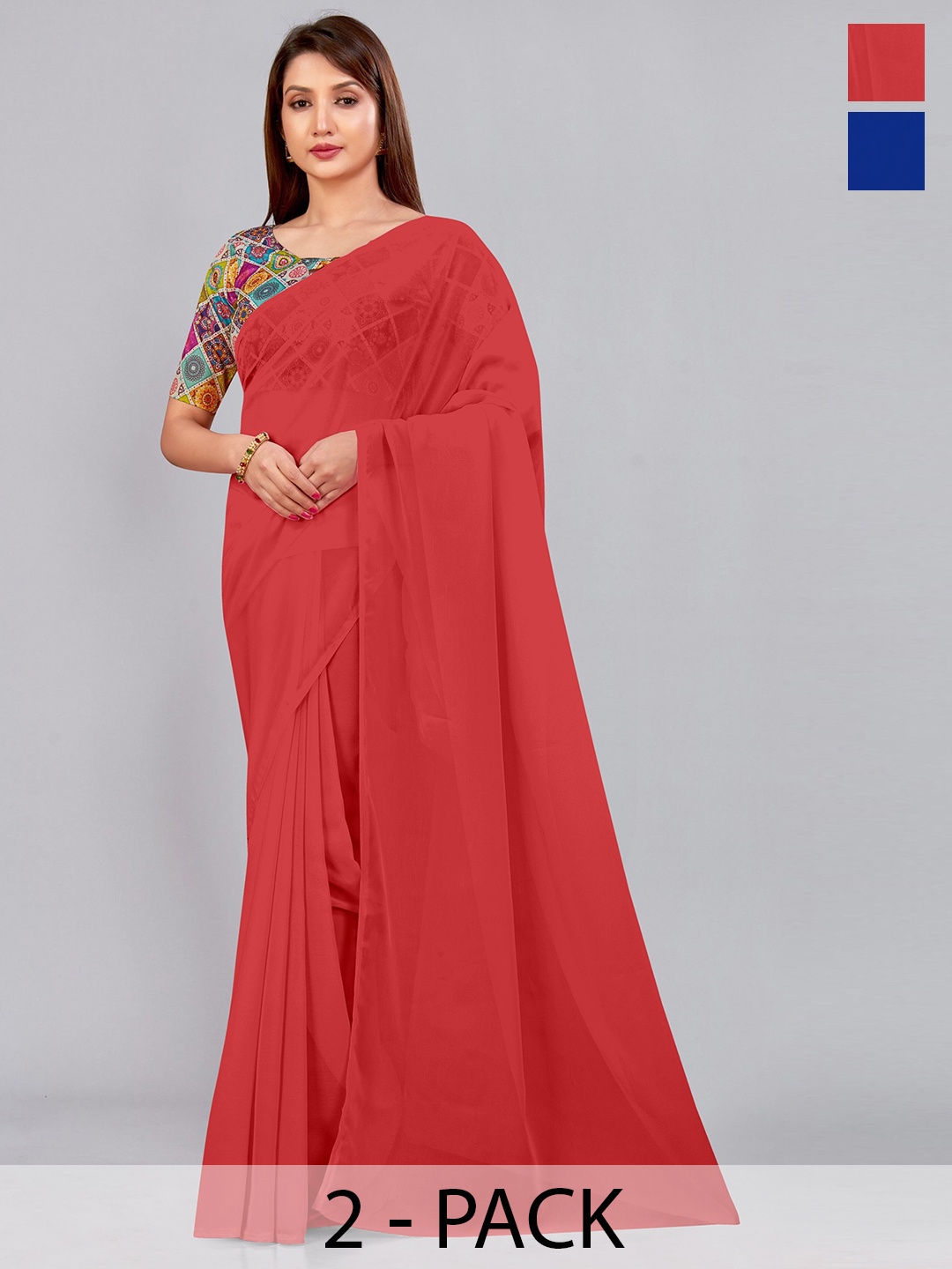 

CastilloFab Selection of 2 Pure Georgette Sarees, Red