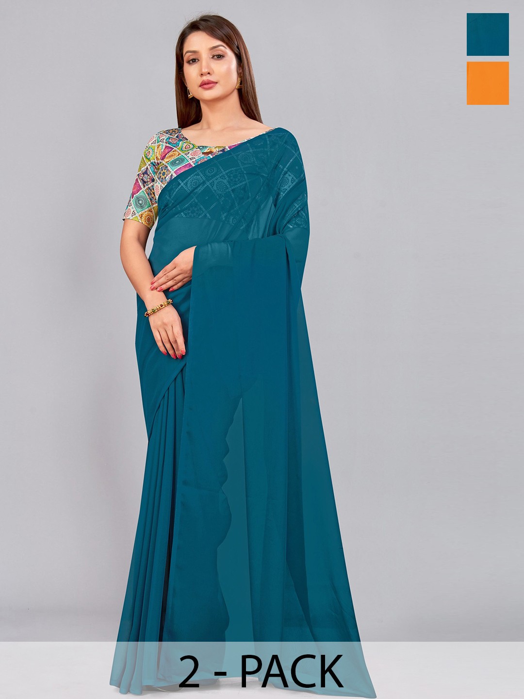 

CastilloFab Selection of 2 Pure Georgette Sarees, Teal