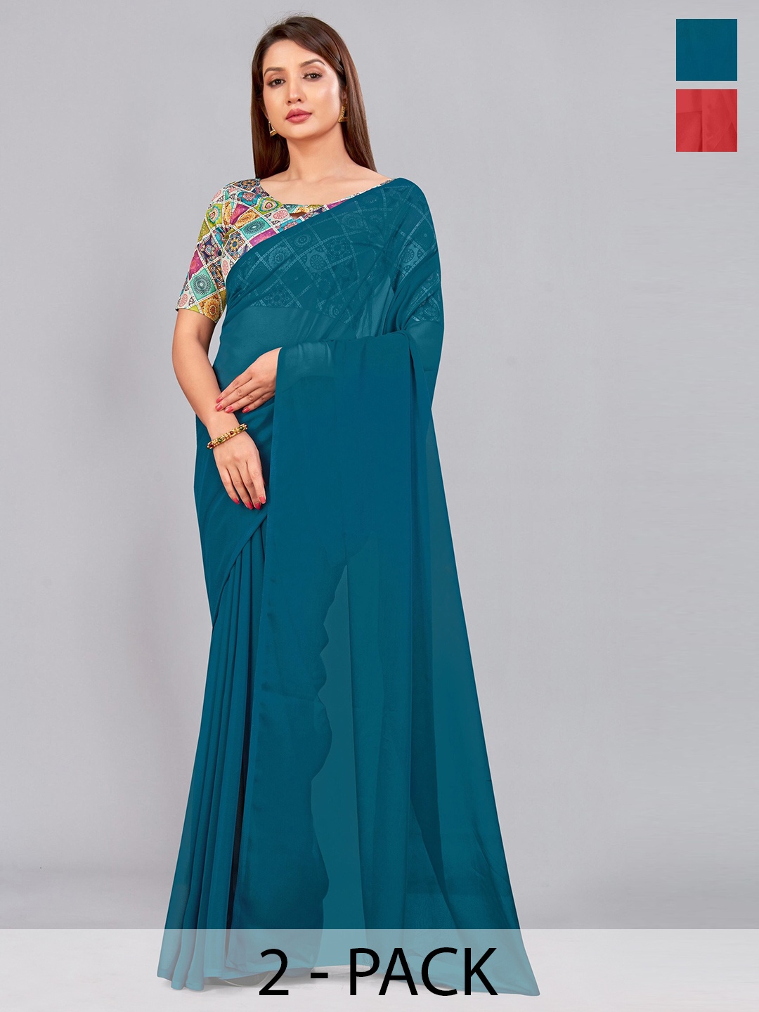 

CastilloFab Selection of 2 Pure Georgette Sarees, Teal