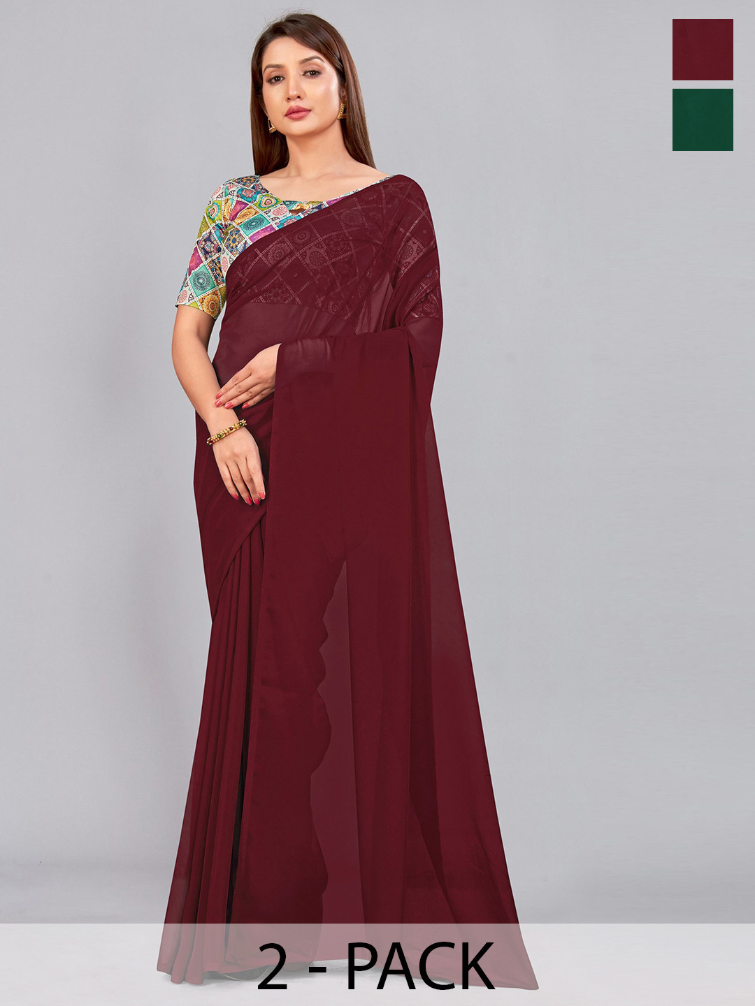 

CastilloFab Selection Of 2 Ethnic Pure Georgette Sarees, Maroon