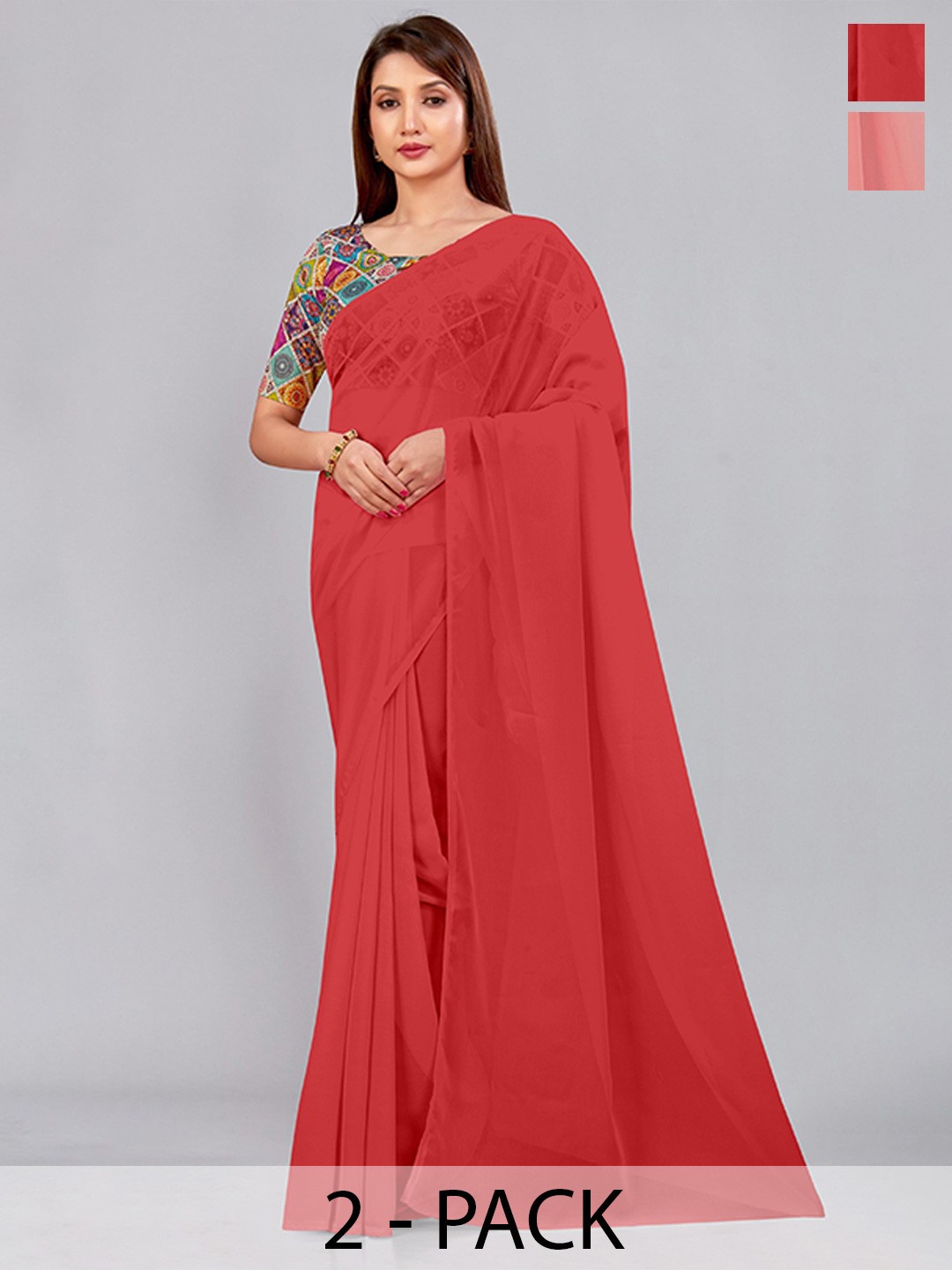 

CastilloFab Selection Of 2 Pure Georgette Saree, Red
