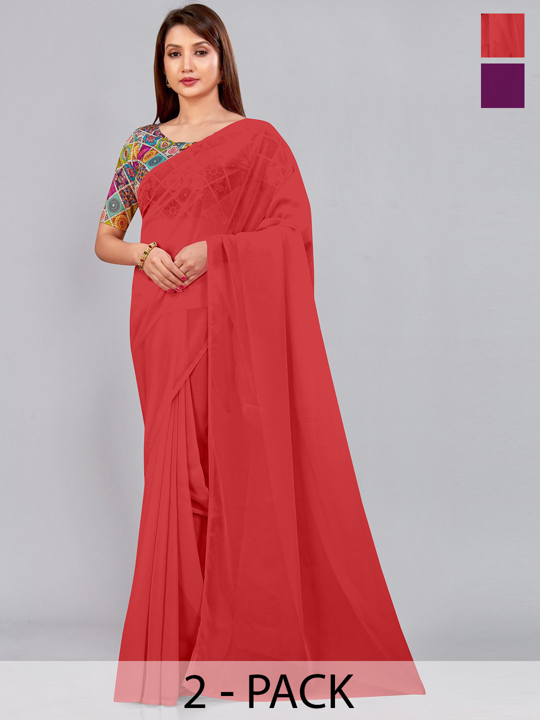 

CastilloFab Selection of 2 Pure Georgette Sarees, Red