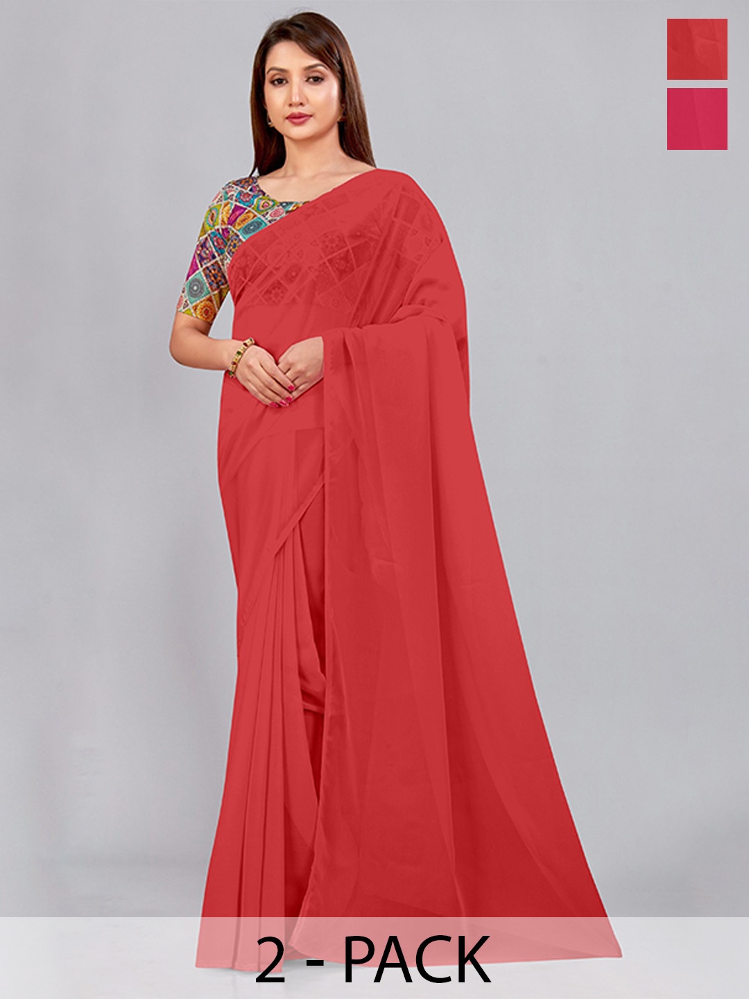

CastilloFab Selection of 2 Pure Georgette Saree, Red