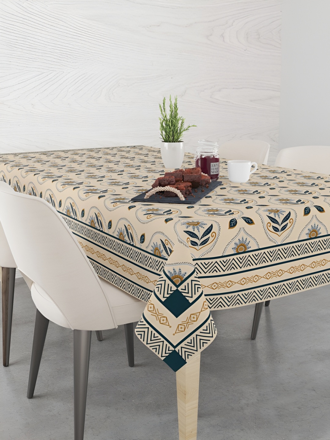 

Astitva Cream Teal Ethnic Motifs 6-Seater Cotton Anti-Slip Table Cover