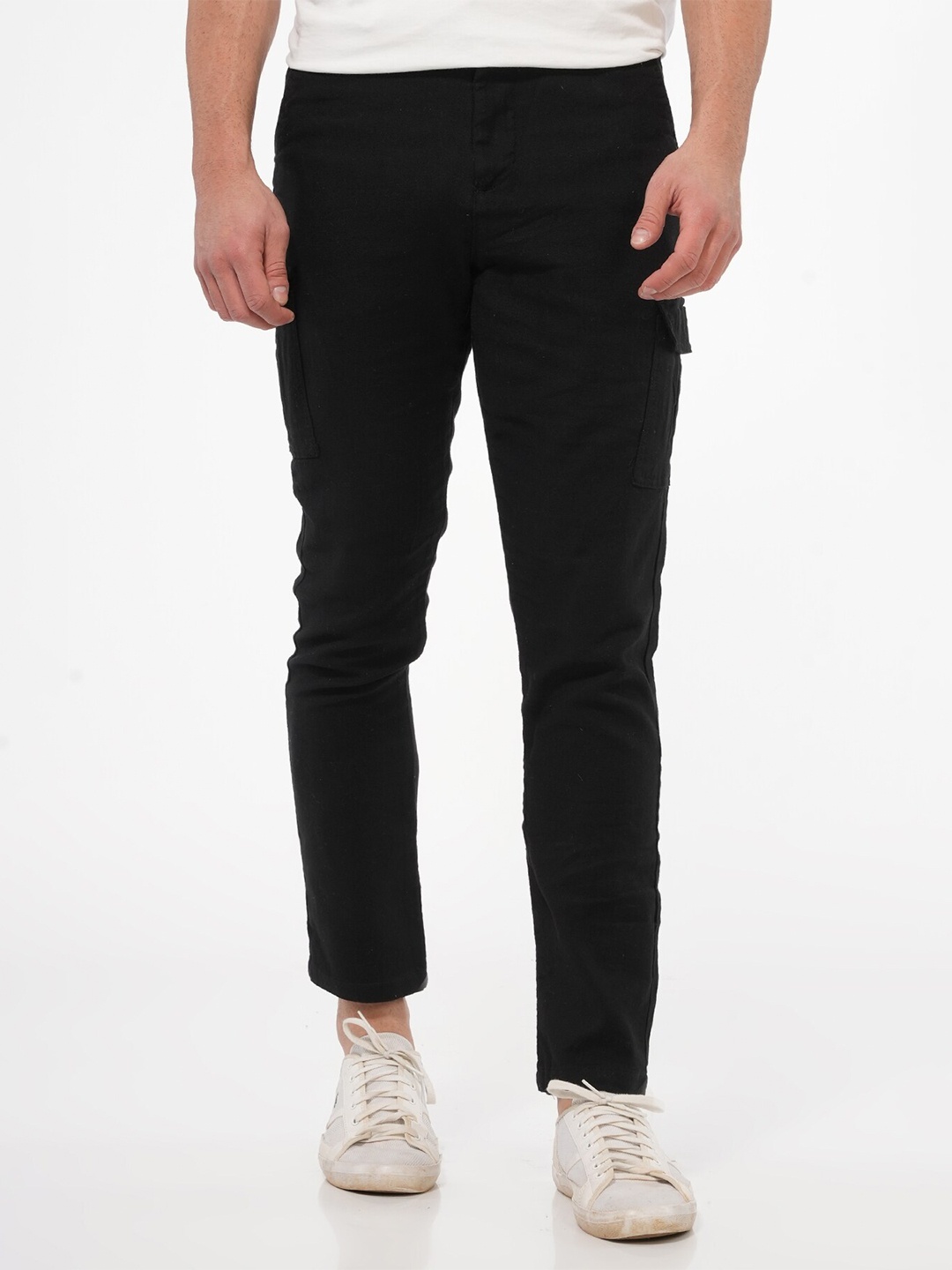 

POE Men Smart Mid-Rise Cotton Linen Cargo Trousers, Black